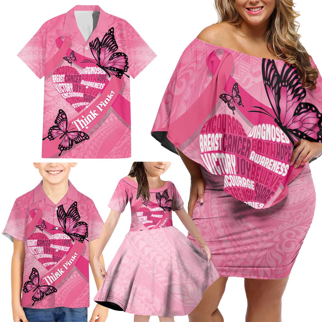 Polynesia Breast Cancer Awareness Month Family Matching Off Shoulder Short Dress and Hawaiian Shirt Pink Ribbon Mix Butterflies