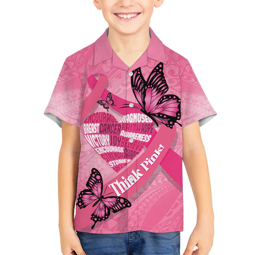 Polynesia Breast Cancer Awareness Month Family Matching Puletasi and Hawaiian Shirt Pink Ribbon Mix Butterflies