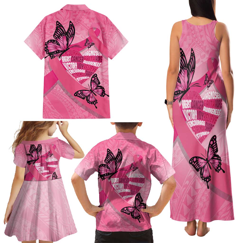 Polynesia Breast Cancer Awareness Month Family Matching Tank Maxi Dress and Hawaiian Shirt Pink Ribbon Mix Butterflies