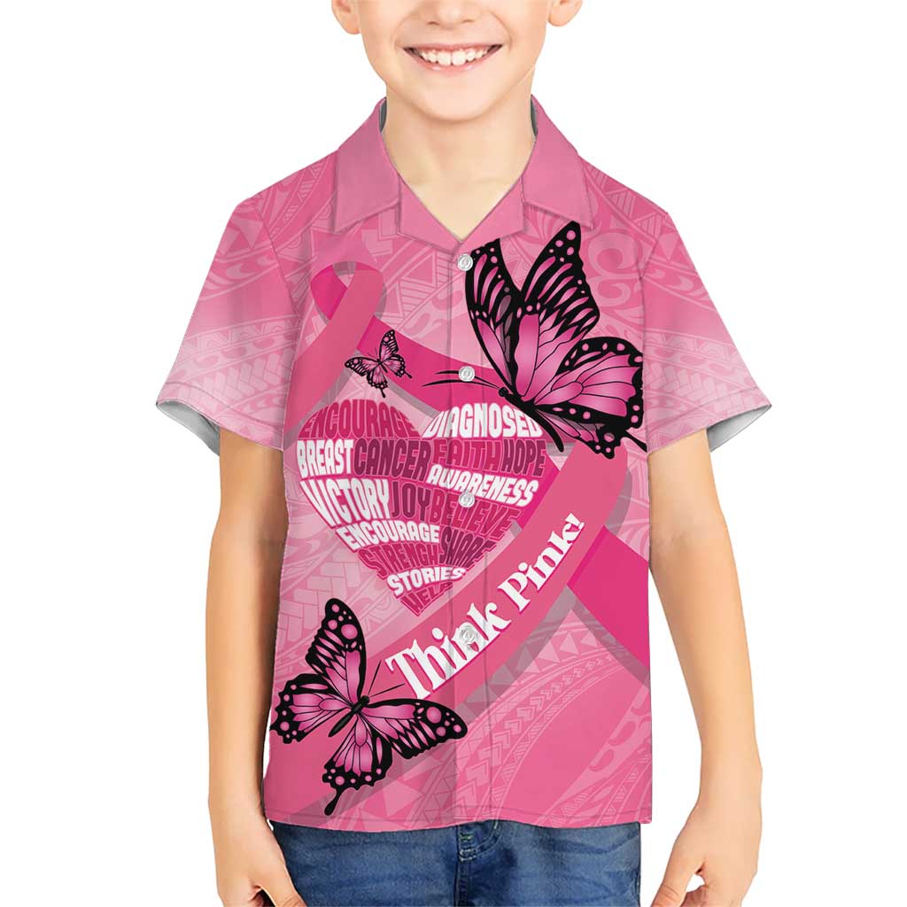 Polynesia Breast Cancer Awareness Month Kid Hawaiian Shirt Pink Ribbon Mix Butterflies