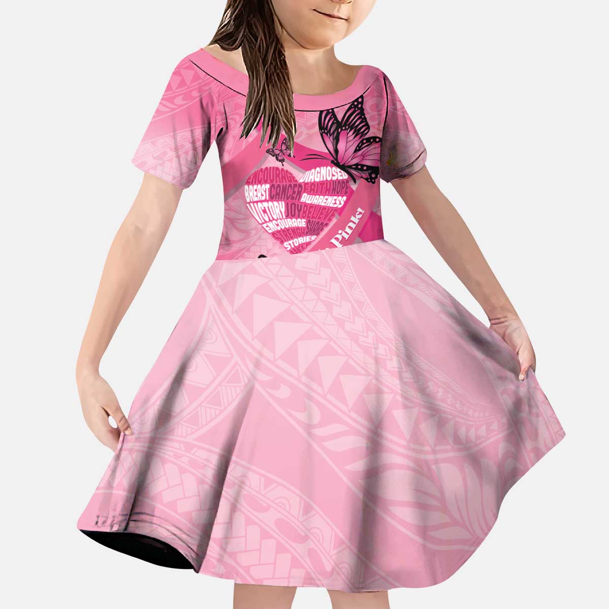 Polynesia Breast Cancer Awareness Month Kid Short Sleeve Dress Pink Ribbon Mix Butterflies