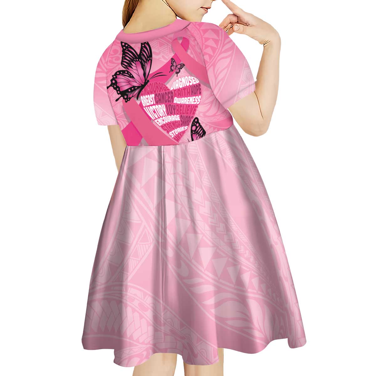Polynesia Breast Cancer Awareness Month Kid Short Sleeve Dress Pink Ribbon Mix Butterflies