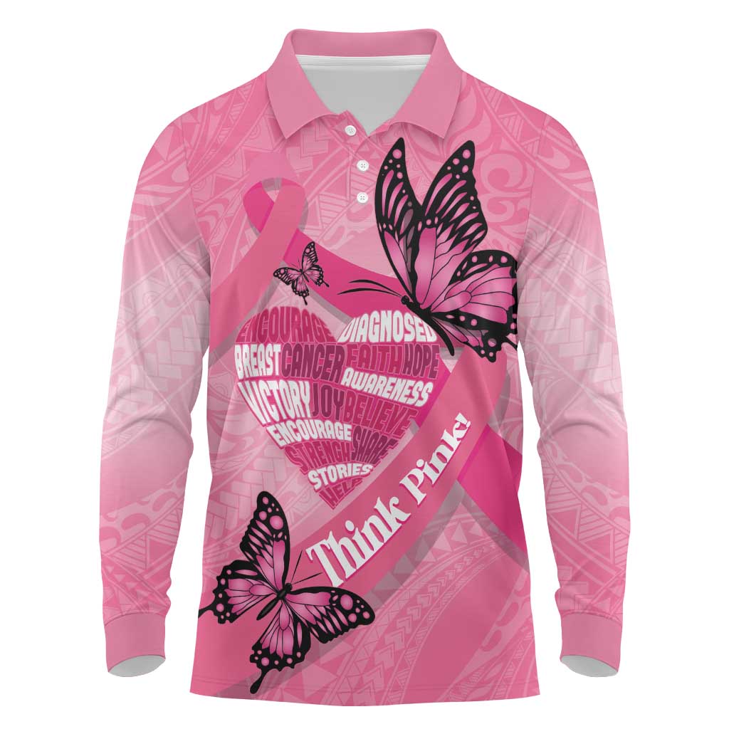 Polynesia Breast Cancer Awareness Month Long Sleeve Polo Shirt Pink Ribbon Mix Butterflies