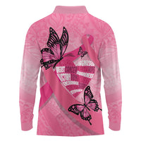Polynesia Breast Cancer Awareness Month Long Sleeve Polo Shirt Pink Ribbon Mix Butterflies