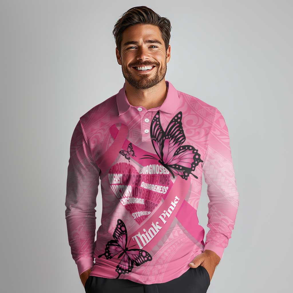 Polynesia Breast Cancer Awareness Month Long Sleeve Polo Shirt Pink Ribbon Mix Butterflies