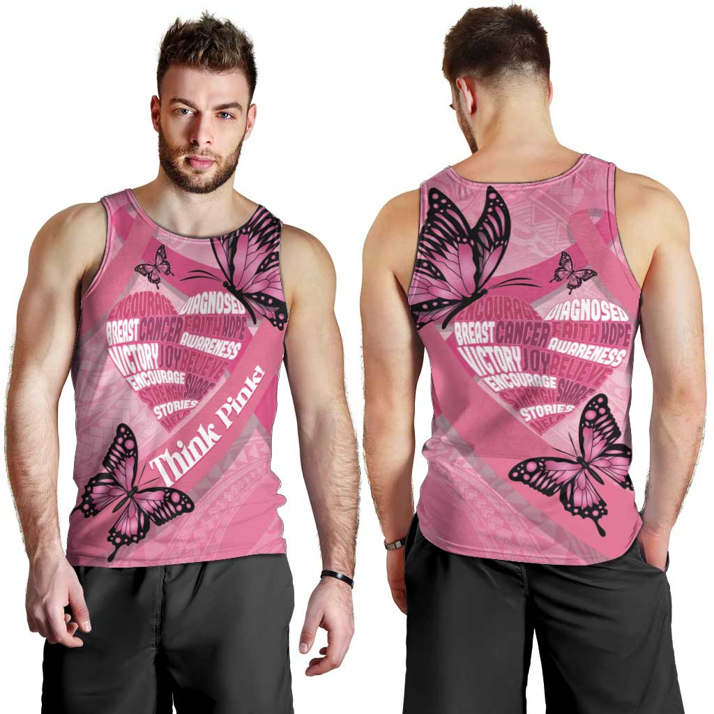 Polynesia Breast Cancer Awareness Month Men Tank Top Pink Ribbon Mix Butterflies