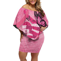 Polynesia Breast Cancer Awareness Month Off Shoulder Short Dress Pink Ribbon Mix Butterflies