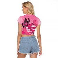 Polynesia Breast Cancer Awareness Month Raglan Cropped T Shirt Pink Ribbon Mix Butterflies