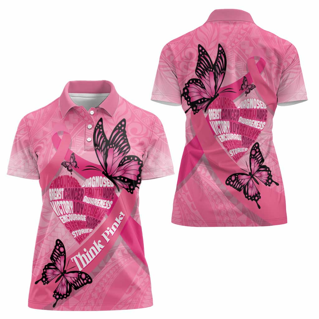 Polynesia Breast Cancer Awareness Month Women Polo Shirt Pink Ribbon Mix Butterflies