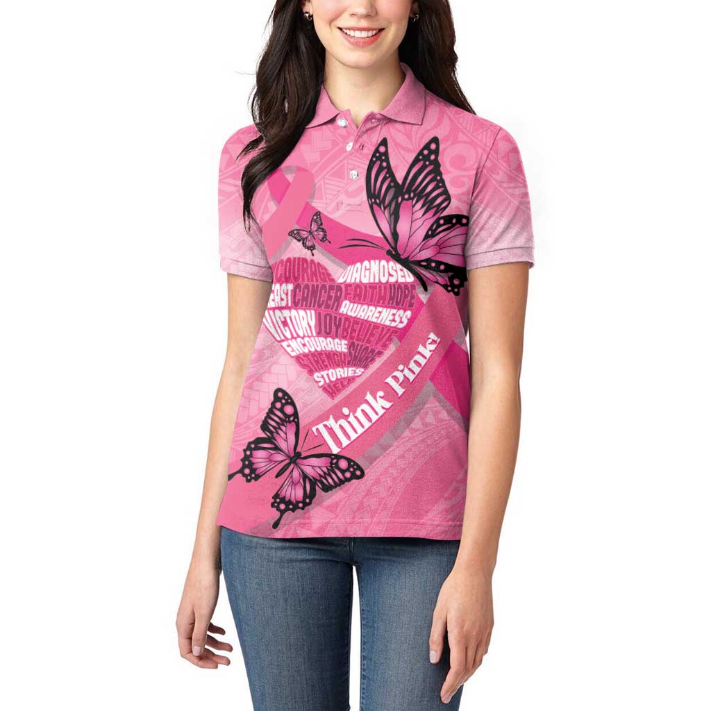 Polynesia Breast Cancer Awareness Month Women Polo Shirt Pink Ribbon Mix Butterflies