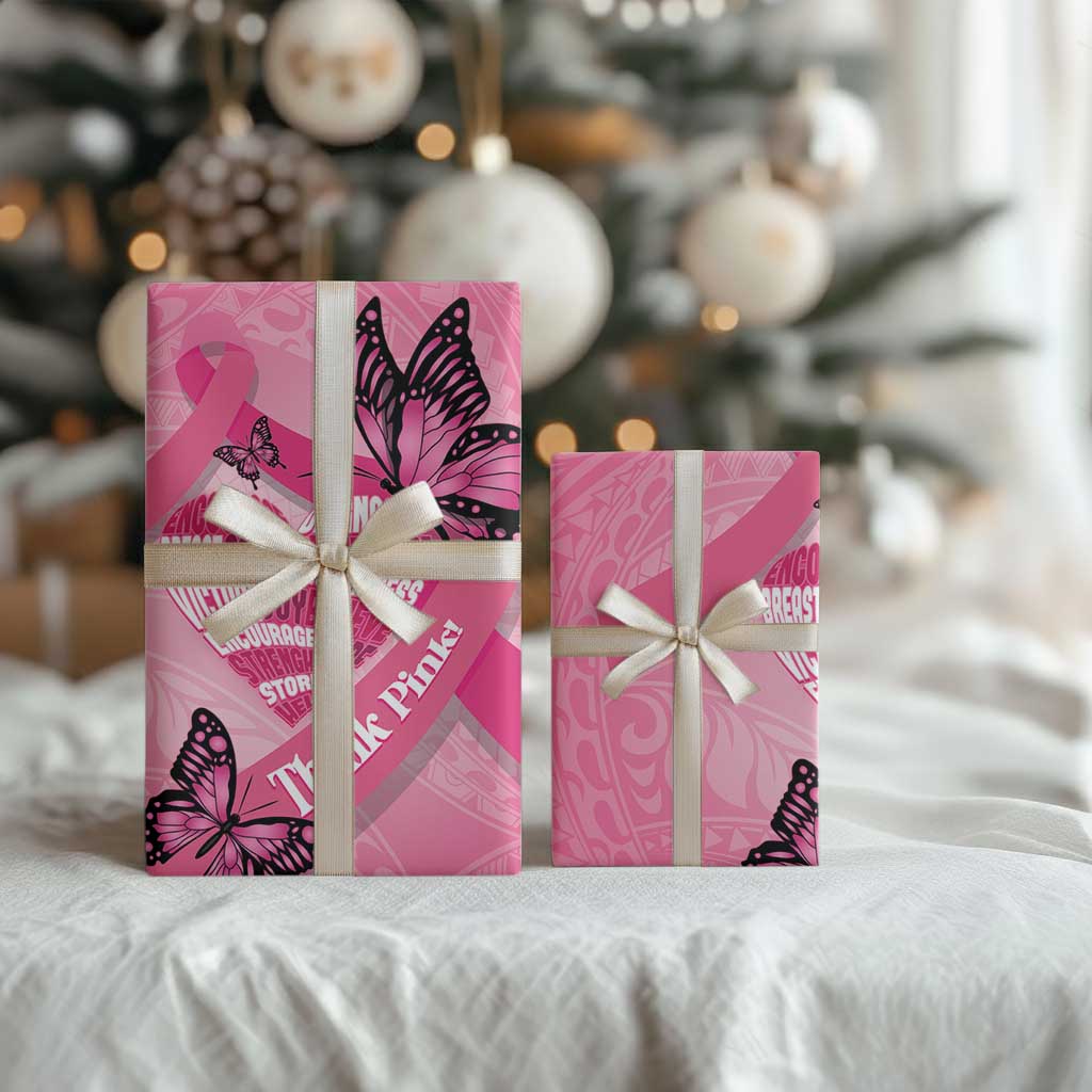Polynesia Breast Cancer Awareness Month Wrapping Paper Pink Ribbon Mix Butterflies - Polynesian Pride