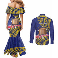 Personalised Tokelau Tokehega Day Couples Matching Mermaid Dress and Long Sleeve Button Shirt Tokelauan Tatau Flag Color - Polynesian Pride