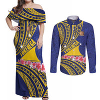 Personalised Tokelau Tokehega Day Couples Matching Off Shoulder Maxi Dress and Long Sleeve Button Shirt Tokelauan Tatau Flag Color - Polynesian Pride