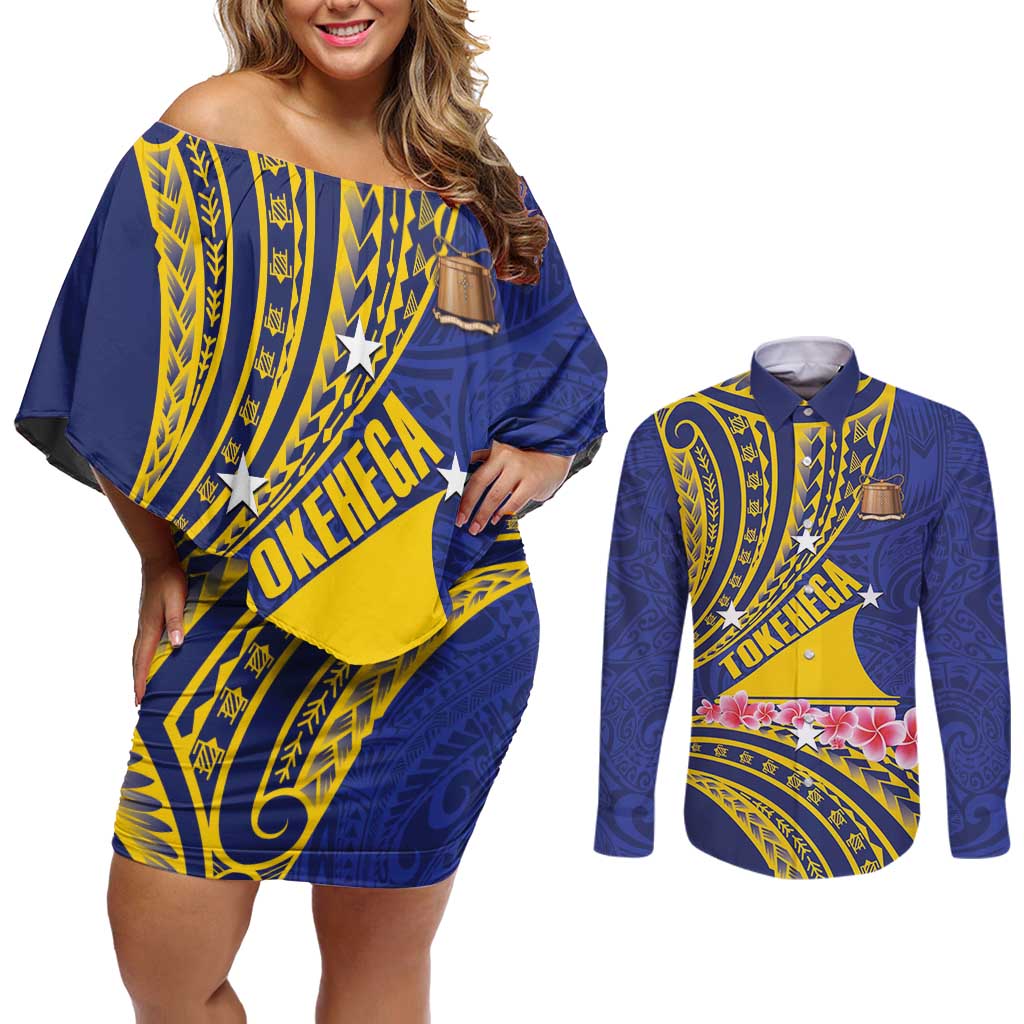 Personalised Tokelau Tokehega Day Couples Matching Off Shoulder Short Dress and Long Sleeve Button Shirt Tokelauan Tatau Flag Color - Polynesian Pride