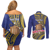 Personalised Tokelau Tokehega Day Couples Matching Off Shoulder Short Dress and Long Sleeve Button Shirt Tokelauan Tatau Flag Color - Polynesian Pride