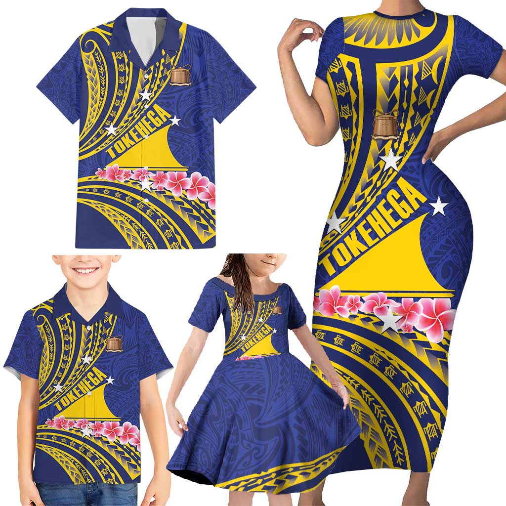 Personalised Tokelau Tokehega Day Family Matching Short Sleeve Bodycon Dress and Hawaiian Shirt Tokelauan Tatau Flag Color - Polynesian Pride