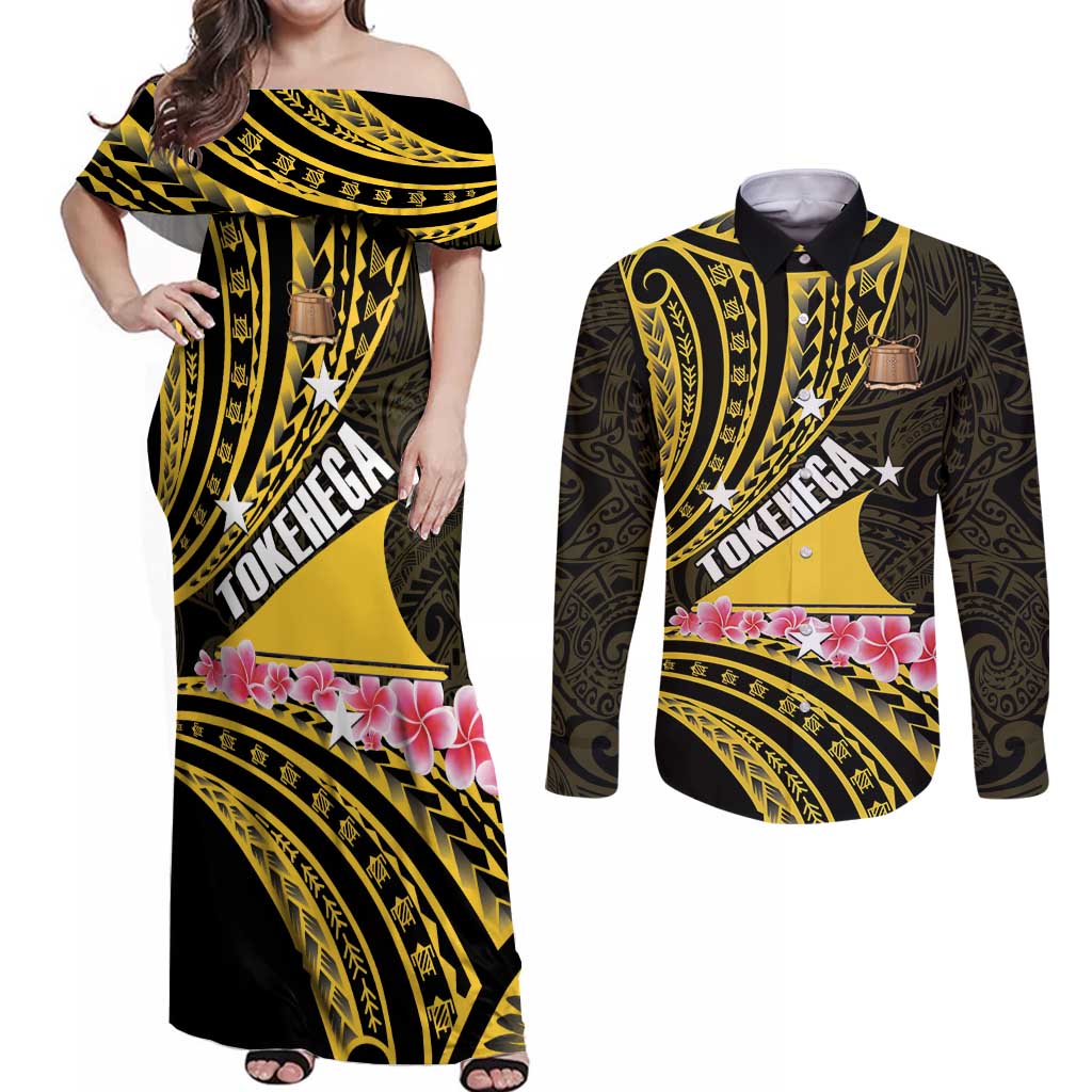 Personalised Tokelau Tokehega Day Couples Matching Off Shoulder Maxi Dress and Long Sleeve Button Shirt Tokelauan Tatau Black Color - Polynesian Pride