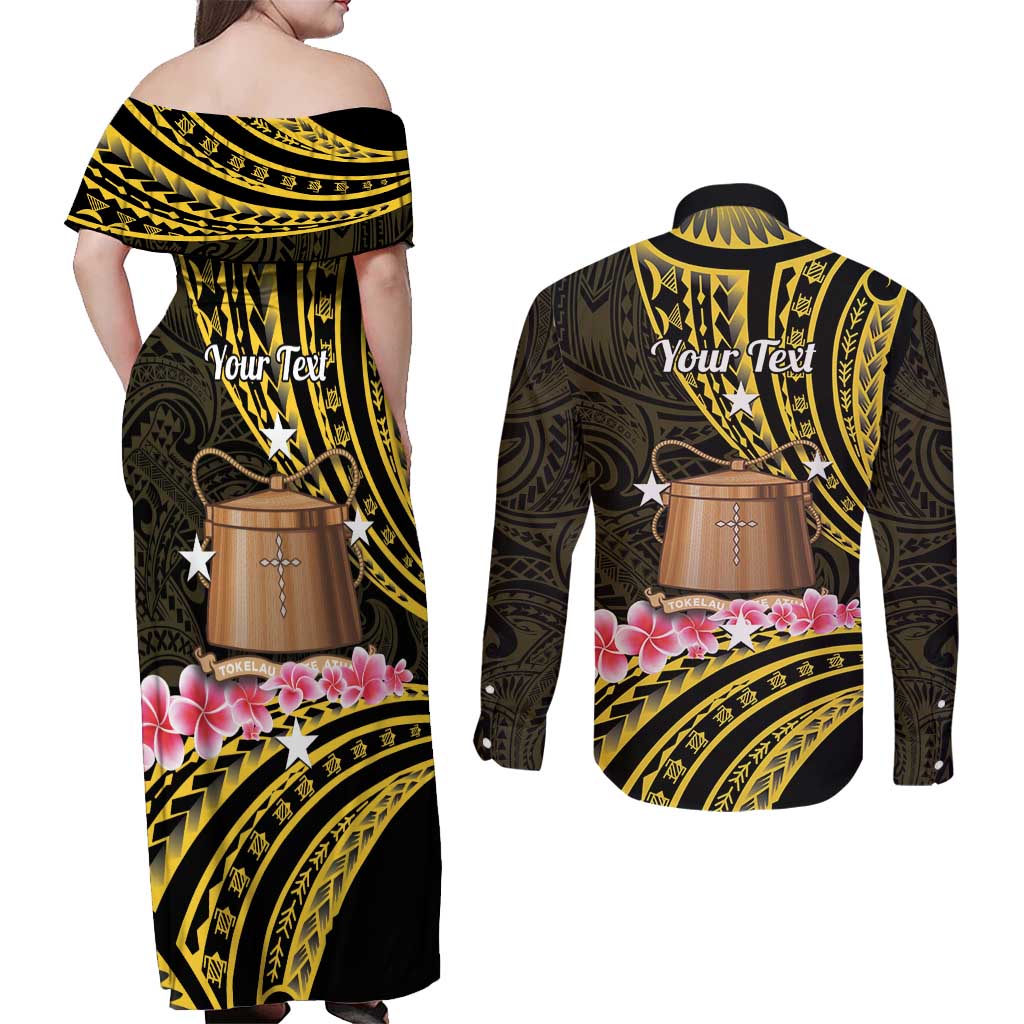 Personalised Tokelau Tokehega Day Couples Matching Off Shoulder Maxi Dress and Long Sleeve Button Shirt Tokelauan Tatau Black Color - Polynesian Pride