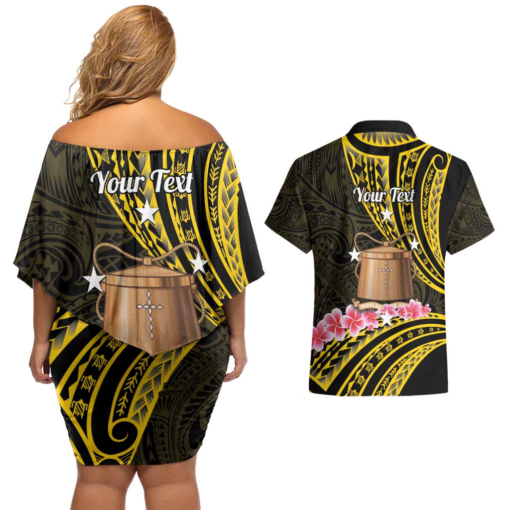 Personalised Tokelau Tokehega Day Couples Matching Off Shoulder Short Dress and Hawaiian Shirt Tokelauan Tatau Black Color - Polynesian Pride