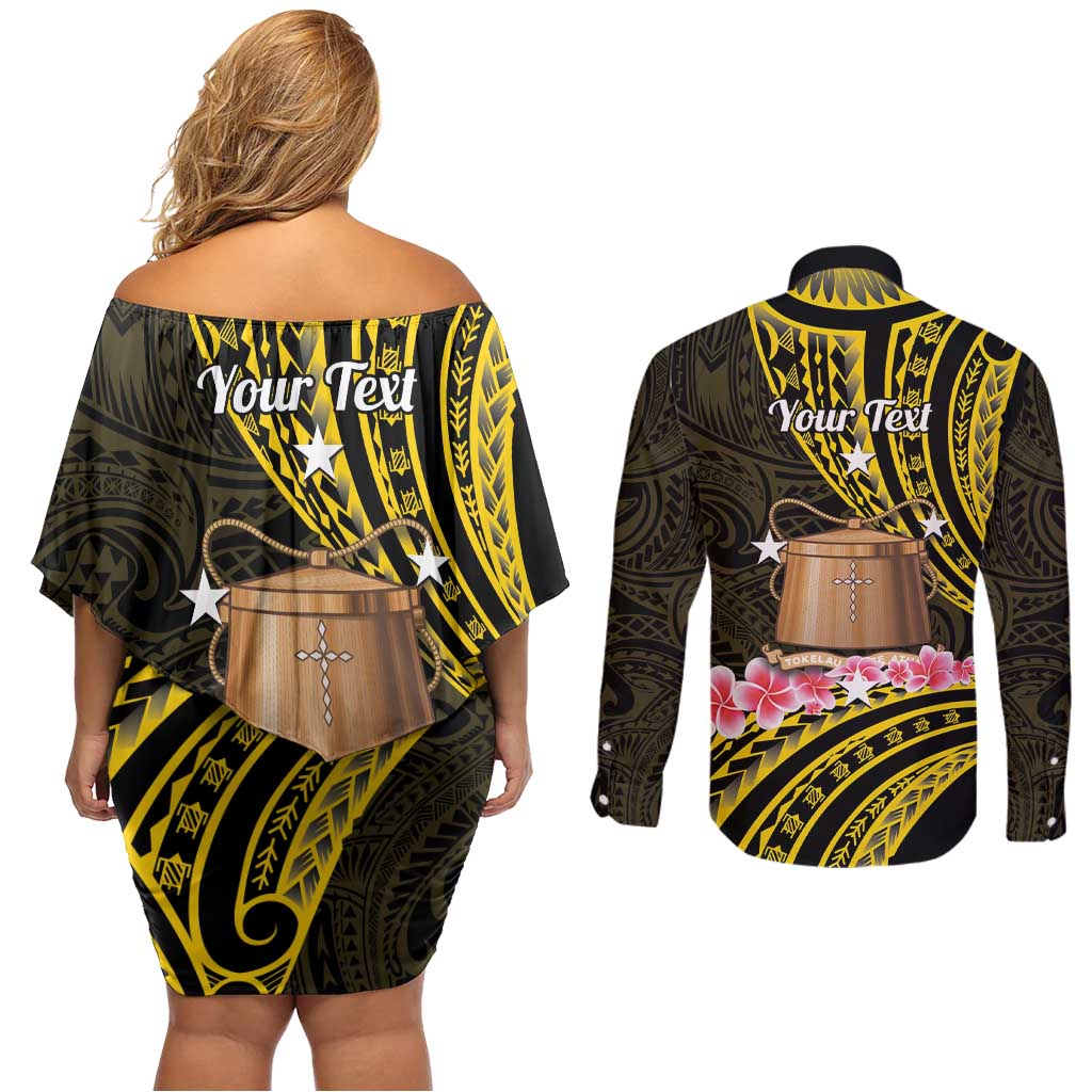Personalised Tokelau Tokehega Day Couples Matching Off Shoulder Short Dress and Long Sleeve Button Shirt Tokelauan Tatau Black Color - Polynesian Pride