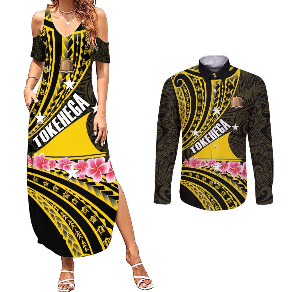 Personalised Tokelau Tokehega Day Couples Matching Summer Maxi Dress and Long Sleeve Button Shirt Tokelauan Tatau Black Color - Polynesian Pride