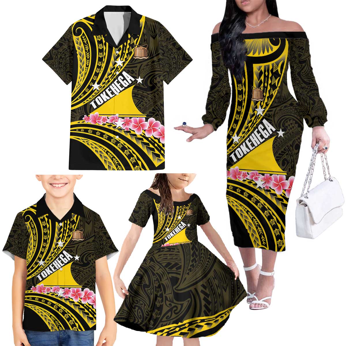 Personalised Tokelau Tokehega Day Family Matching Off The Shoulder Long Sleeve Dress and Hawaiian Shirt Tokelauan Tatau Black Color - Polynesian Pride