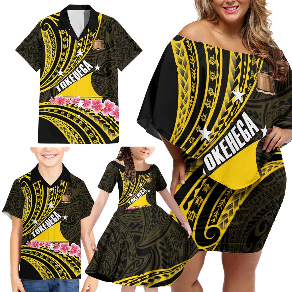 Personalised Tokelau Tokehega Day Family Matching Off Shoulder Short Dress and Hawaiian Shirt Tokelauan Tatau Black Color - Polynesian Pride