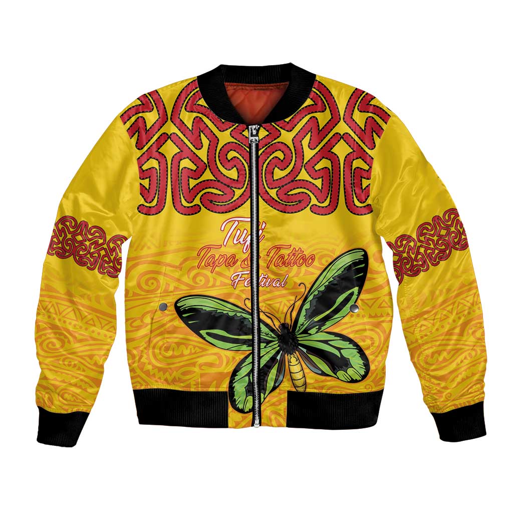 Personalised Tufi Tapa and Tattoo Festival Bomber Jacket PNG Oro Butterfly Tapa Pattern - Polynesian Pride