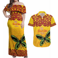 Personalised Tufi Tapa and Tattoo Festival Couples Matching Off Shoulder Maxi Dress and Hawaiian Shirt PNG Oro Butterfly Tapa Pattern - Polynesian Pride