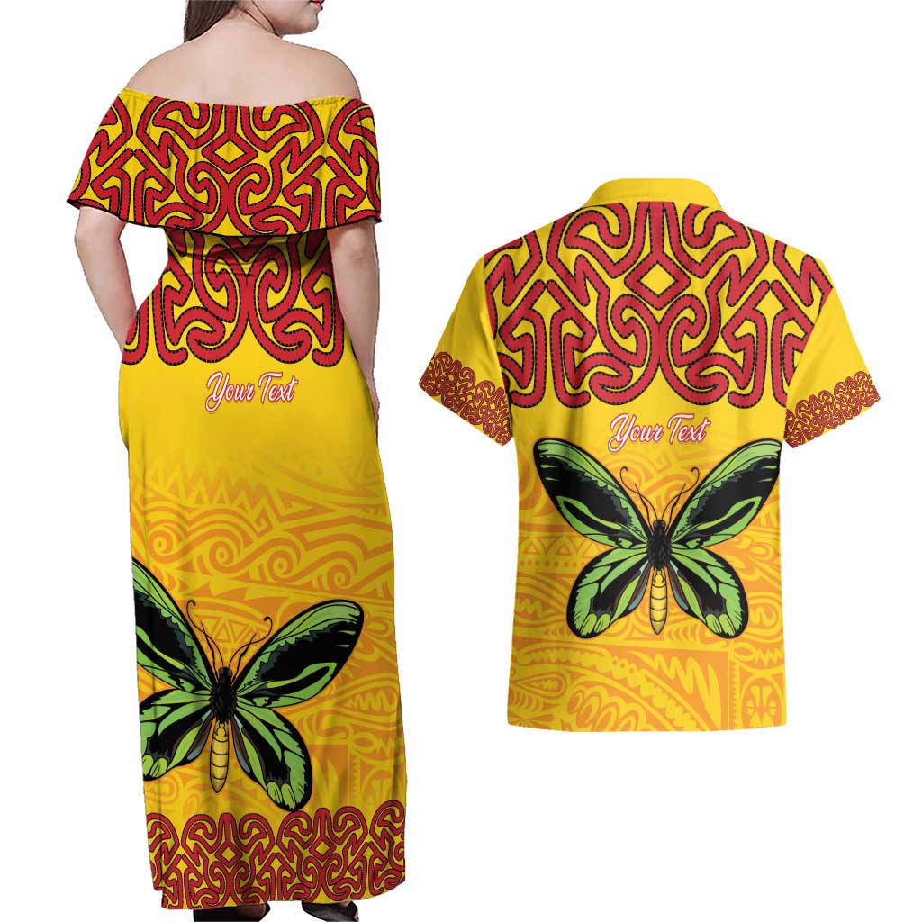 Personalised Tufi Tapa and Tattoo Festival Couples Matching Off Shoulder Maxi Dress and Hawaiian Shirt PNG Oro Butterfly Tapa Pattern - Polynesian Pride