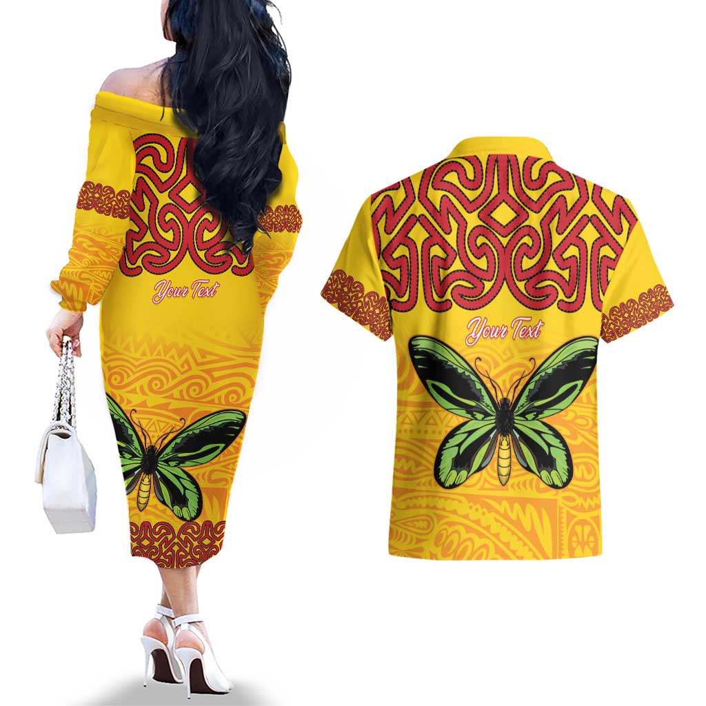 Personalised Tufi Tapa and Tattoo Festival Couples Matching Off The Shoulder Long Sleeve Dress and Hawaiian Shirt PNG Oro Butterfly Tapa Pattern - Polynesian Pride