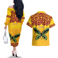 Personalised Tufi Tapa and Tattoo Festival Couples Matching Off The Shoulder Long Sleeve Dress and Hawaiian Shirt PNG Oro Butterfly Tapa Pattern - Polynesian Pride