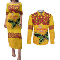 Personalised Tufi Tapa and Tattoo Festival Couples Matching Puletasi and Long Sleeve Button Shirt PNG Oro Butterfly Tapa Pattern LT14 Yellow - Polynesian Pride