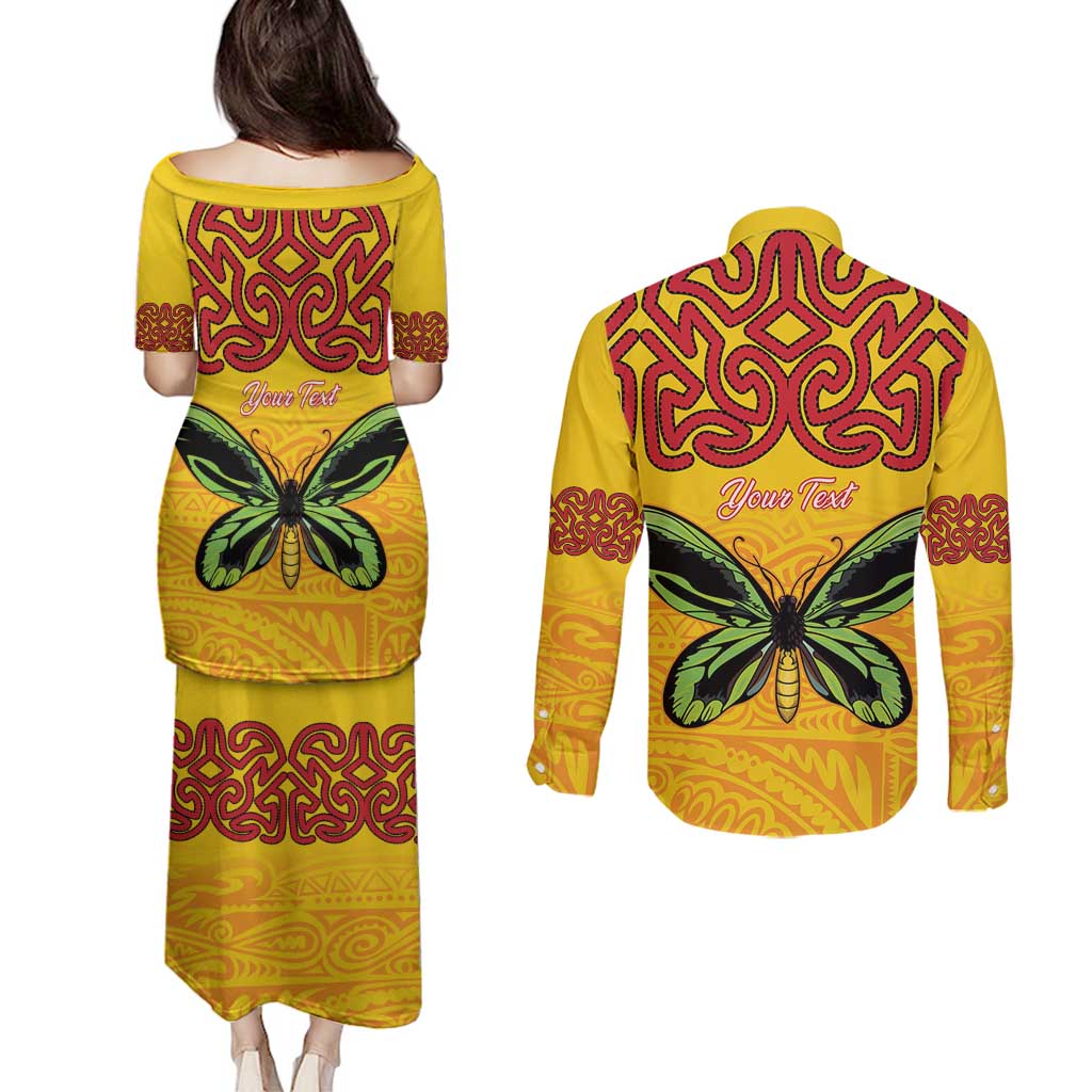 Personalised Tufi Tapa and Tattoo Festival Couples Matching Puletasi and Long Sleeve Button Shirt PNG Oro Butterfly Tapa Pattern LT14 - Polynesian Pride