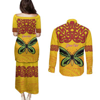 Personalised Tufi Tapa and Tattoo Festival Couples Matching Puletasi and Long Sleeve Button Shirt PNG Oro Butterfly Tapa Pattern LT14 - Polynesian Pride