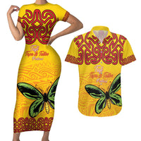Personalised Tufi Tapa and Tattoo Festival Couples Matching Short Sleeve Bodycon Dress and Hawaiian Shirt PNG Oro Butterfly Tapa Pattern - Polynesian Pride