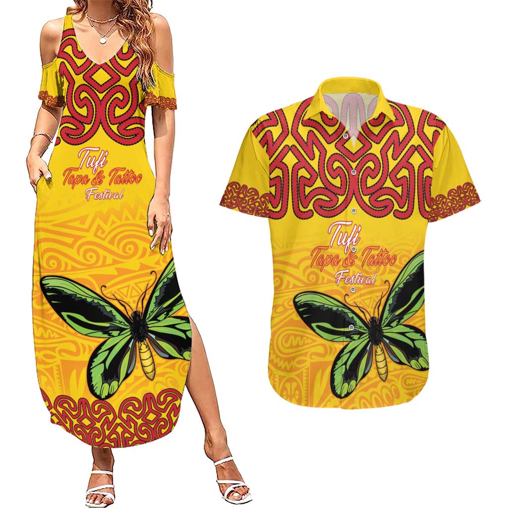 Personalised Tufi Tapa and Tattoo Festival Couples Matching Summer Maxi Dress and Hawaiian Shirt PNG Oro Butterfly Tapa Pattern - Polynesian Pride