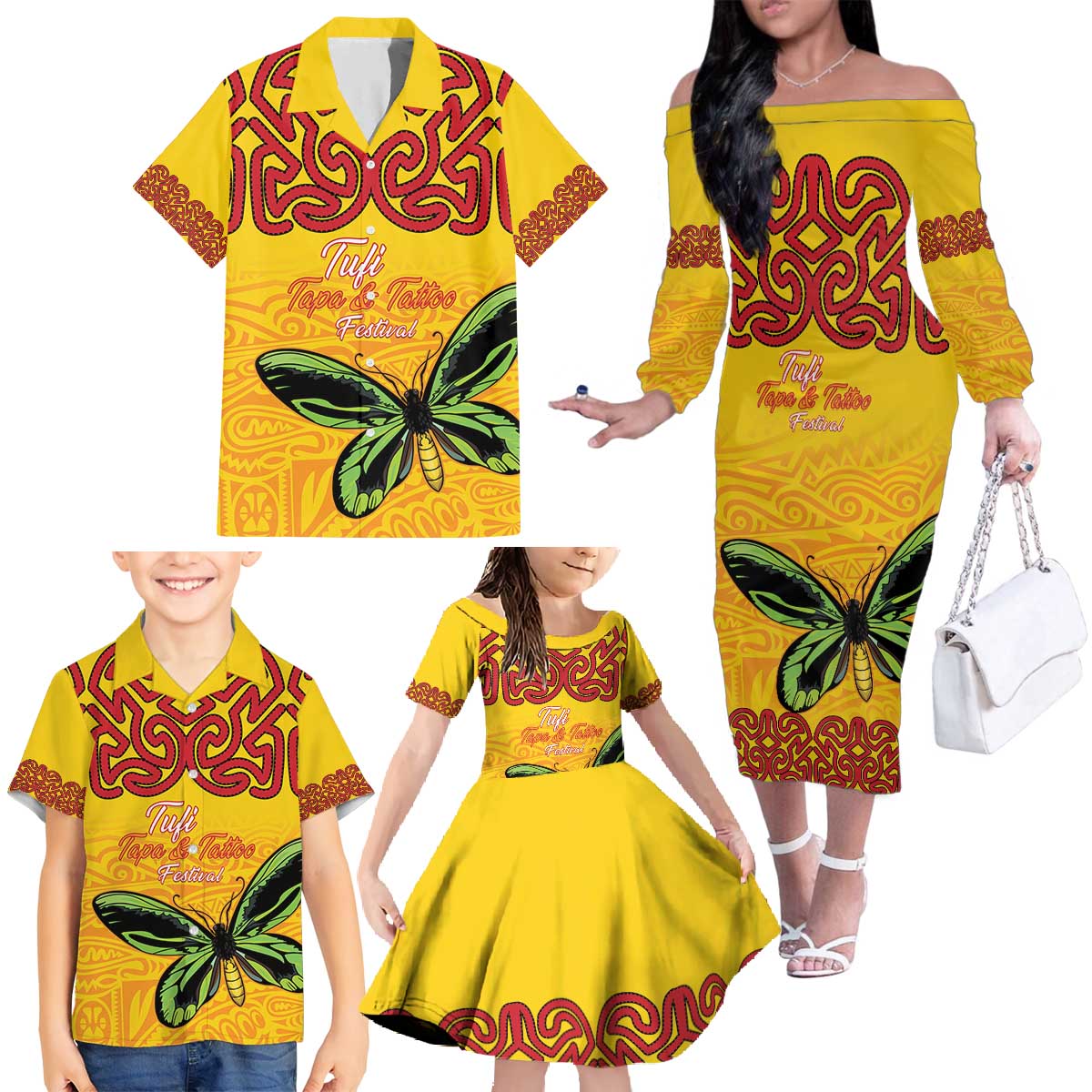 Personalised Tufi Tapa and Tattoo Festival Family Matching Off The Shoulder Long Sleeve Dress and Hawaiian Shirt PNG Oro Butterfly Tapa Pattern - Polynesian Pride