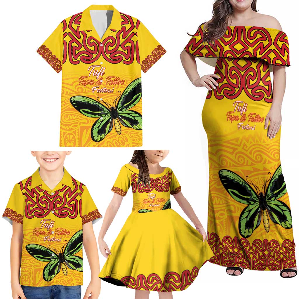 Personalised Tufi Tapa and Tattoo Festival Family Matching Off Shoulder Maxi Dress and Hawaiian Shirt PNG Oro Butterfly Tapa Pattern - Polynesian Pride
