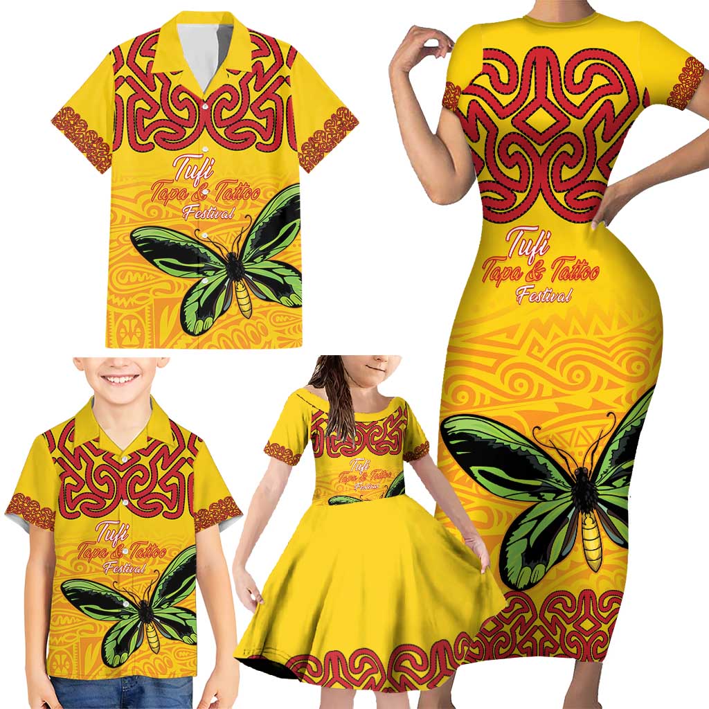 Personalised Tufi Tapa and Tattoo Festival Family Matching Short Sleeve Bodycon Dress and Hawaiian Shirt PNG Oro Butterfly Tapa Pattern - Polynesian Pride