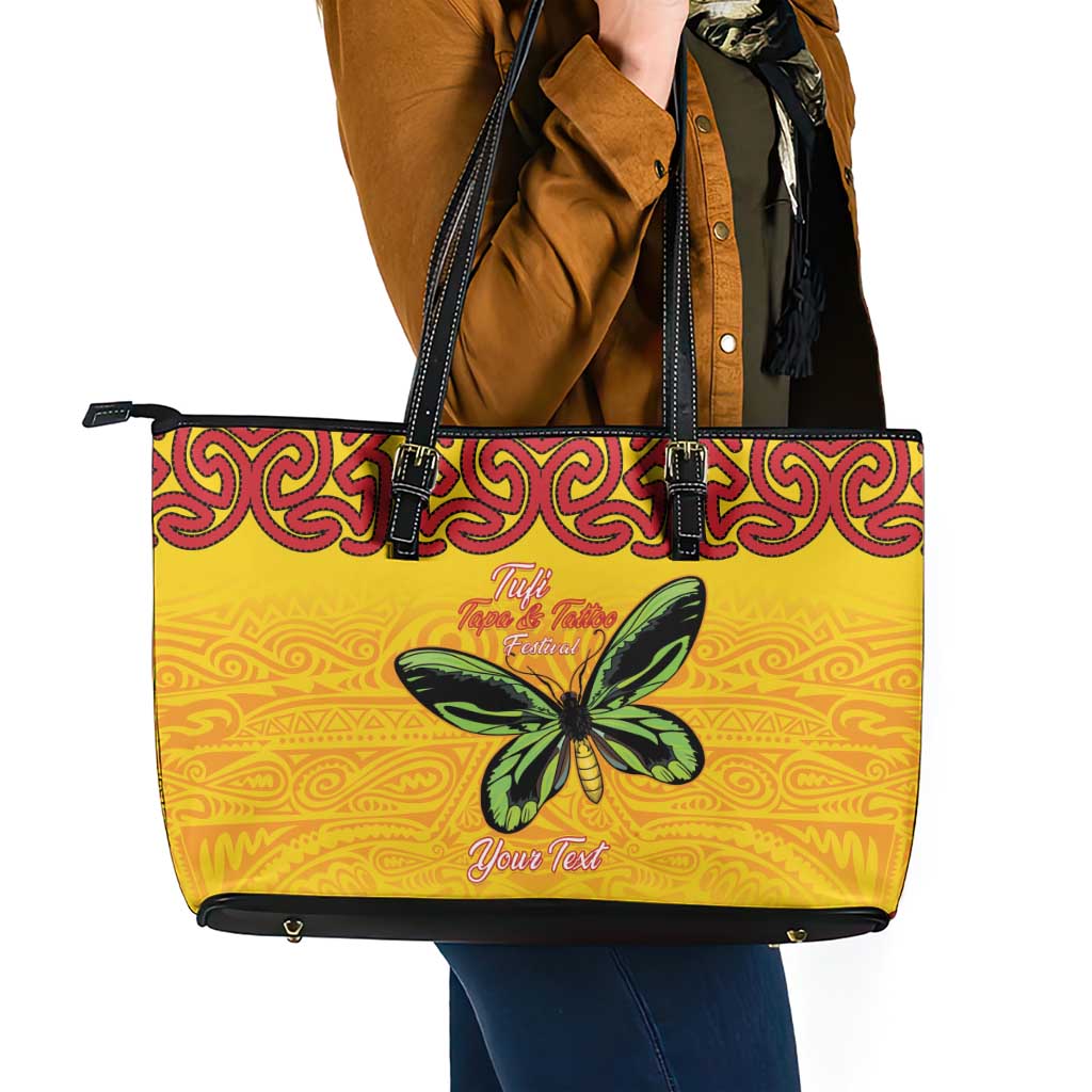 Personalised Tufi Tapa and Tattoo Festival Leather Tote Bag PNG Oro Butterfly Tapa Pattern - Polynesian Pride