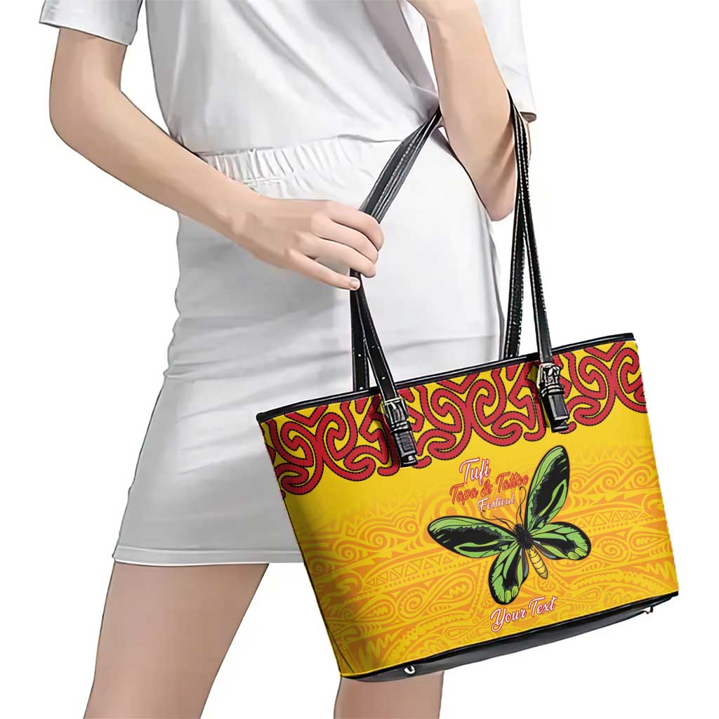 Personalised Tufi Tapa and Tattoo Festival Leather Tote Bag PNG Oro Butterfly Tapa Pattern - Polynesian Pride