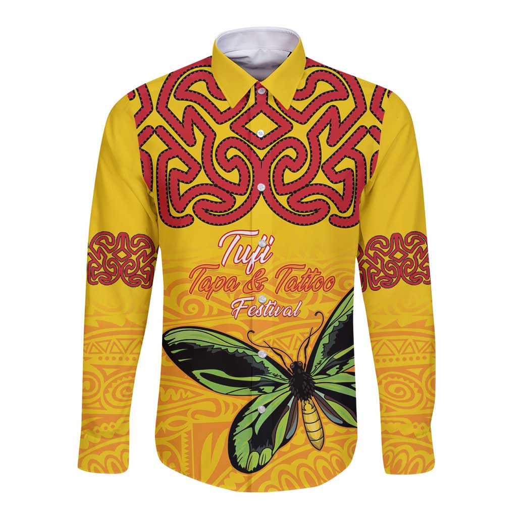 Personalised Tufi Tapa and Tattoo Festival Long Sleeve Button Shirt PNG Oro Butterfly Tapa Pattern LT14 Unisex Yellow - Polynesian Pride