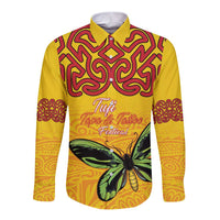 Personalised Tufi Tapa and Tattoo Festival Long Sleeve Button Shirt PNG Oro Butterfly Tapa Pattern LT14 Unisex Yellow - Polynesian Pride