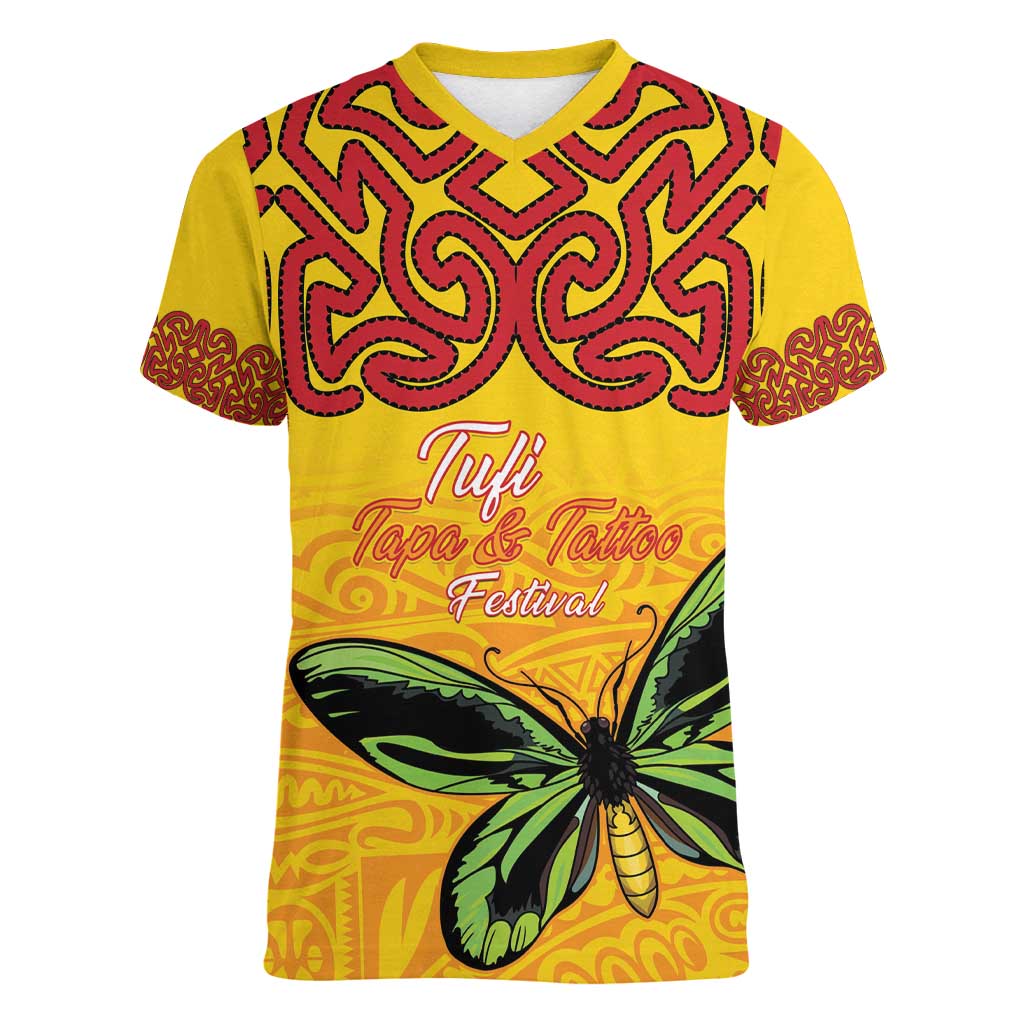 Personalised Tufi Tapa and Tattoo Festival Women V-Neck T-Shirt PNG Oro Butterfly Tapa Pattern - Polynesian Pride