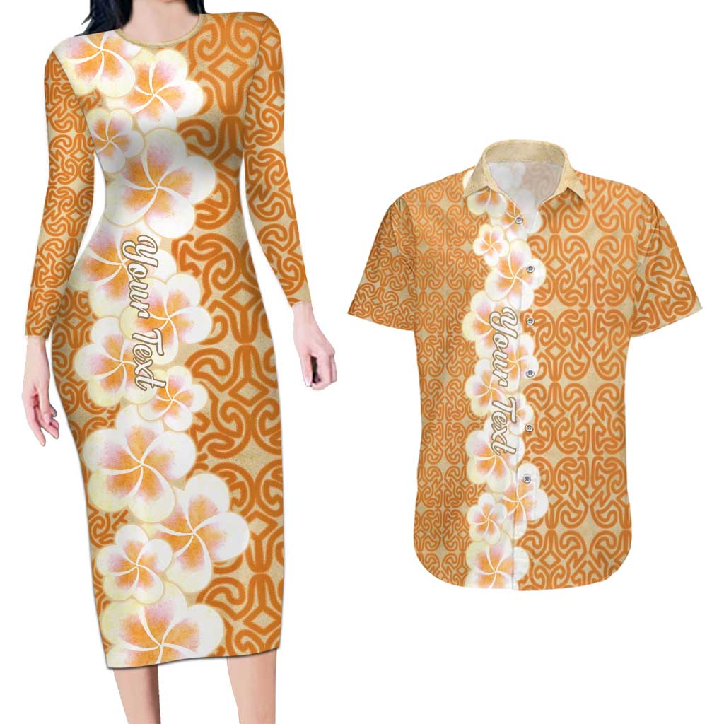 Personalised Tufi Tapa and Tattoo Festival Couples Matching Long Sleeve Bodycon Dress and Hawaiian Shirt Oro Tapa Cloth With Plumeria - Polynesian Pride