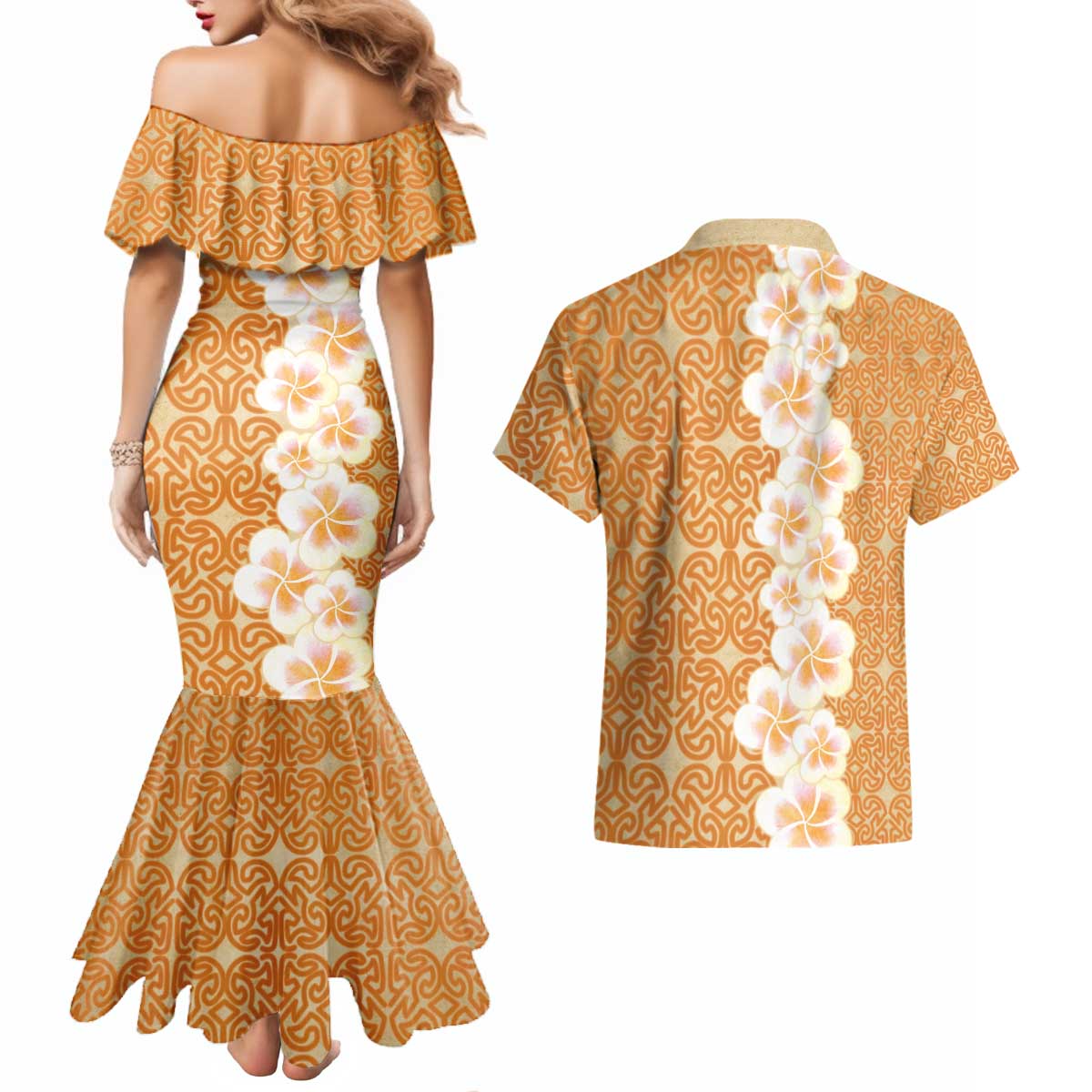 Personalised Tufi Tapa and Tattoo Festival Couples Matching Mermaid Dress and Hawaiian Shirt Oro Tapa Cloth With Plumeria - Polynesian Pride