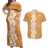 Personalised Tufi Tapa and Tattoo Festival Couples Matching Off Shoulder Maxi Dress and Hawaiian Shirt Oro Tapa Cloth With Plumeria - Polynesian Pride