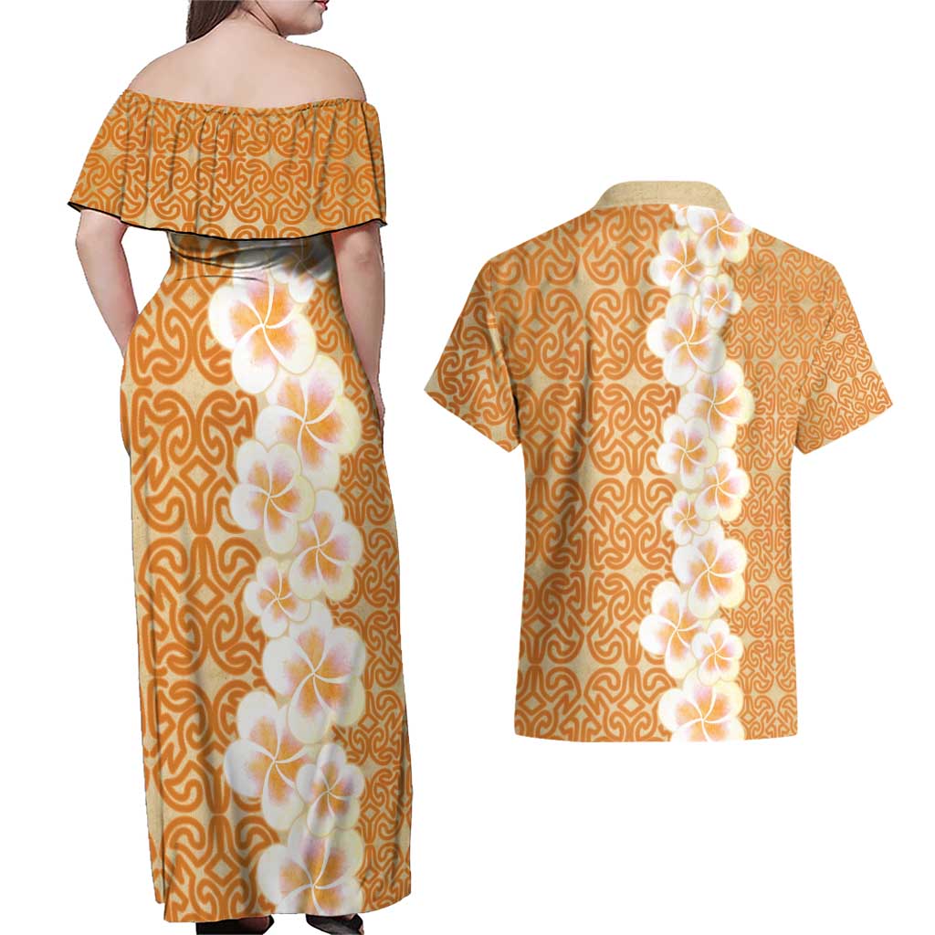 Personalised Tufi Tapa and Tattoo Festival Couples Matching Off Shoulder Maxi Dress and Hawaiian Shirt Oro Tapa Cloth With Plumeria - Polynesian Pride