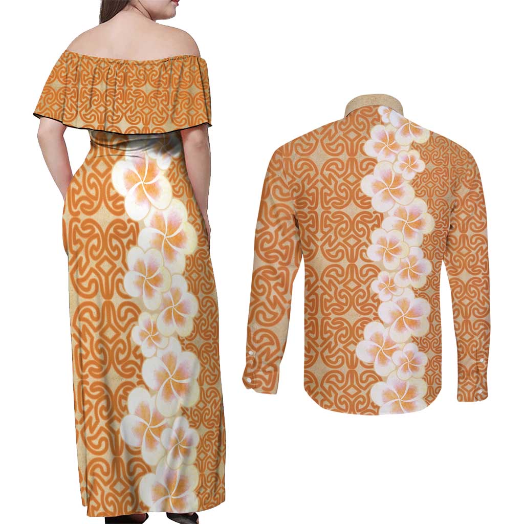 Personalised Tufi Tapa and Tattoo Festival Couples Matching Off Shoulder Maxi Dress and Long Sleeve Button Shirt Oro Tapa Cloth With Plumeria - Polynesian Pride